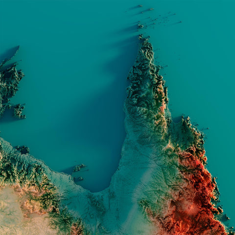 Australia, Elevation tint - Spectral, 2D printed shaded relief map with 3D effect of Australia with spectral hypsometric tint. Shop our beautiful fine art printed maps on supreme Cotton paper. Vintage maps digitally restored and enhanced with a 3D effect. VizCart from Vizart