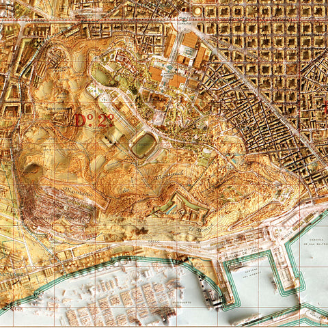 Barcelona (Spain), City map - 1962, 2D printed shaded relief map with 3D effect of a 1962 city map of Barcelona. Shop our beautiful fine art printed maps on supreme Cotton paper. Vintage maps digitally restored and enhanced with a 3D effect. VizCart from Vizart