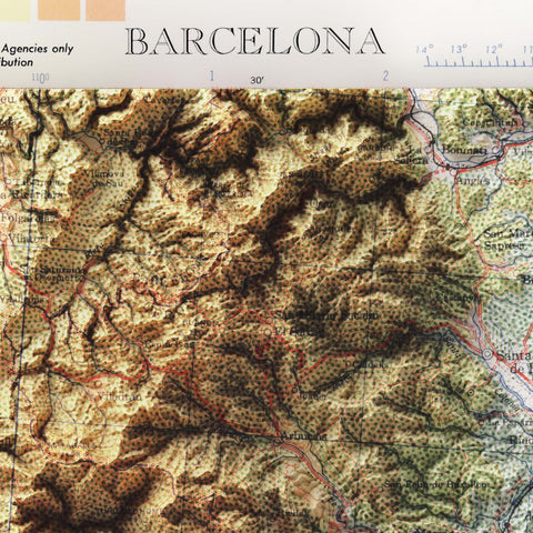 Barcelona (Spain), Topographic map - 1944, 2D printed shaded relief map with 3D effect of a 1944 topographic map of Barcelona (Spain). Shop our beautiful fine art printed maps on supreme Cotton paper. Vintage maps digitally restored and enhanced with a 3D effect. VizCart from Vizart
