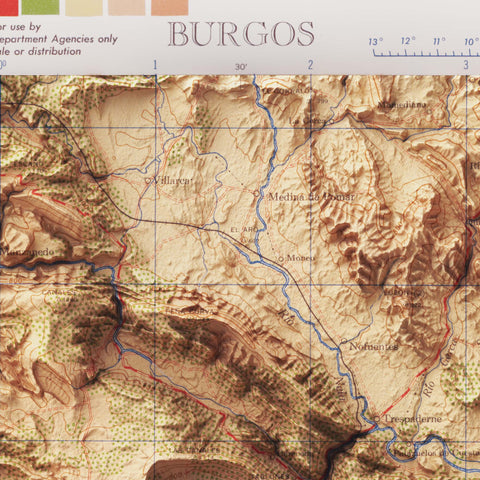 Burgos (Spain), Topographic map - 1944, 2D printed shaded relief map with 3D effect of a 1944 topographic map of Burgos (Spain). Shop our beautiful fine art printed maps on supreme Cotton paper. Vintage maps digitally restored and enhanced with a 3D effect. VizCart from Vizart