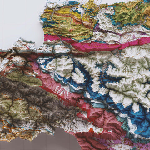 Cantabria (Spain), Geological map - 1989, 2D printed shaded relief map with 3D effect of a 1989 geologic map of Cantabria (Spain). Shop our beautiful fine art printed maps on supreme Cotton paper. Vintage maps digitally restored and enhanced with a 3D effect. VizCart from Vizart