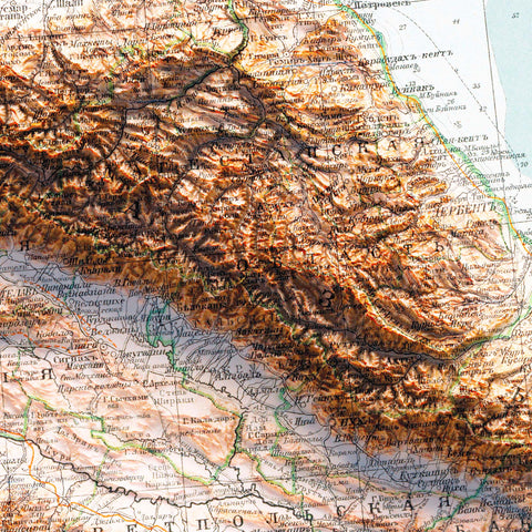 Caucasus, Topographic map - 1909, 2D printed shaded relief map with 3D effect of a 1909 topographic map of Caucasus. Shop our beautiful fine art printed maps on supreme Cotton paper. Vintage maps digitally restored and enhanced with a 3D effect. VizCart from Vizart
