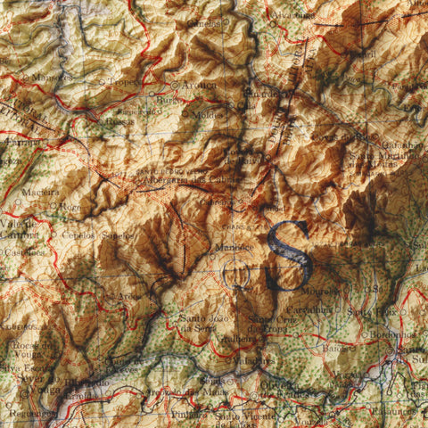 Coimbra (Portugal), Topographic map - 1944, 2D printed shaded relief map with 3D effect of a 1944 topographic map of Coimbra (Portugal). Shop our beautiful fine art printed maps on supreme Cotton paper. Vintage maps digitally restored and enhanced with a 3D effect. VizCart from Vizart