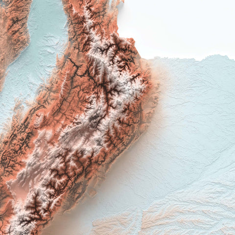 Colombia, Elevation tint - Candy, 2D printed shaded relief map with 3D effect of Colombia with candy tint. Shop our beautiful fine art printed maps on supreme Cotton paper. Vintage maps digitally restored and enhanced with a 3D effect. VizCart from Vizart