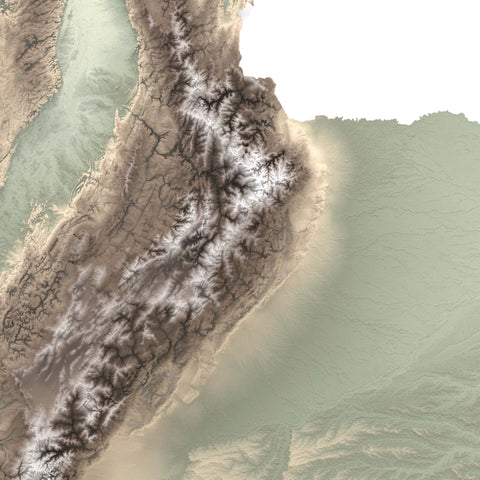 Colombia, Elevation tint - Geo, 2D printed shaded relief map with 3D effect of Colombia with geo tint. Shop our beautiful fine art printed maps on supreme Cotton paper. Vintage maps digitally restored and enhanced with a 3D effect. VizCart from Vizart
