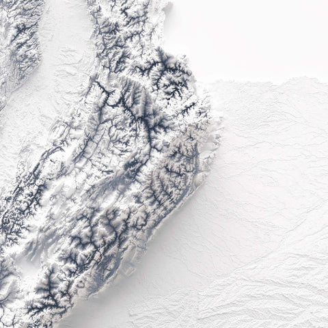 Colombia, Elevation tint - White, 2D printed shaded relief map with 3D effect of Colombia with white tint. Shop our beautiful fine art printed maps on supreme Cotton paper. Vintage maps digitally restored and enhanced with a 3D effect. VizCart from Vizart