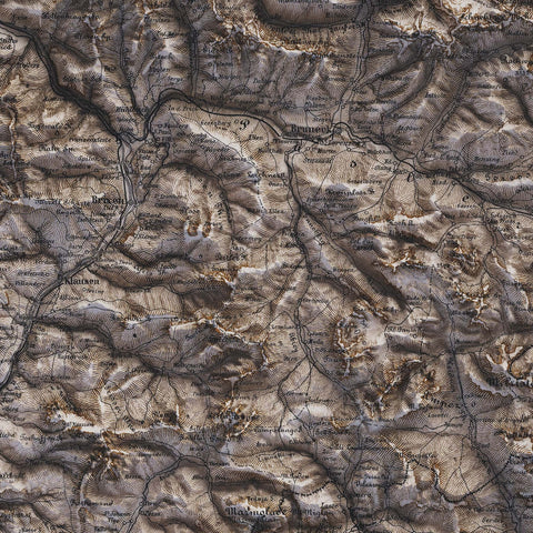 Dolomites (Italy), Topographic map - 1880, 2D printed shaded relief map with 3D effect of a 1880 topographic map of Dolomites (Italy). Shop our beautiful fine art printed maps on supreme Cotton paper. Vintage maps digitally restored and enhanced with a 3D effect. VizCart from Vizart