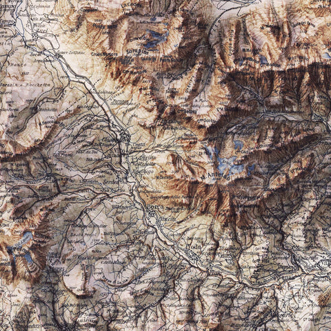 Dolomites (Italy), Topographic map - 1904, 2D printed shaded relief map with 3D effect of a 1904 topographic map of Dolomites (Italy). Shop our beautiful fine art printed maps on supreme Cotton paper. Vintage maps digitally restored and enhanced with a 3D effect. VizCart from Vizart