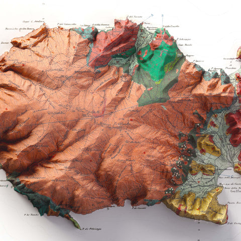 Elba Island (Italy), Geological map - 1884, 2D printed shaded relief map with 3D effect of a 1904 topographic map of Dolomites (Italy). Shop our beautiful fine art printed maps on supreme Cotton paper. Vintage maps digitally restored and enhanced with a 3D effect. VizCart from Vizart