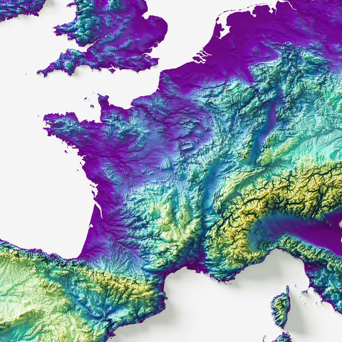 Europe, Elevation tint - Viridis, 2D printed shaded relief map with 3D effect of Europe with viridis hypsometric tint. Shop our beautiful fine art printed maps on supreme Cotton paper. Vintage maps digitally restored and enhanced with a 3D effect. VizCart from Vizart