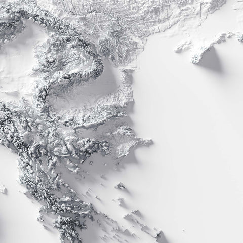 Europe, Elevation tint - White, 2D printed shaded relief map with 3D effect of Europe with monochrome hypsometric tint. Shop our beautiful fine art printed maps on supreme Cotton paper. Vintage maps digitally restored and enhanced with a 3D effect., VizCart from Vizart