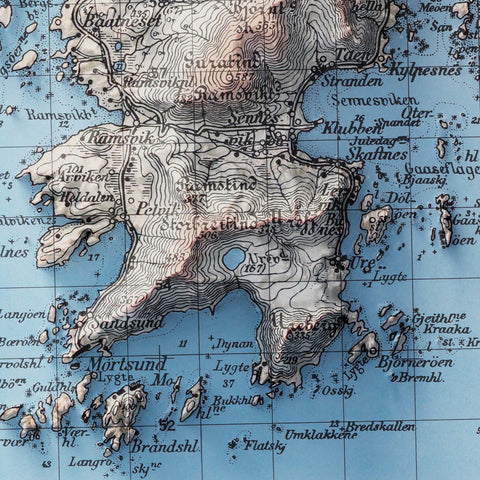 Flakstad (Lofoten Islands, Norway), Topographic map - 1952, 2D printed shaded relief map with 3D effect of a 1952 topographic map of Flakstad (Lofoten Islands, Norway). Shop our beautiful fine art printed maps on supreme Cotton paper. Vintage maps digitally restored and enhanced with a 3D effect. VizCart from Vizart