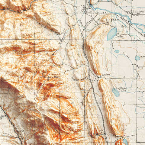 Fort Collins (Colorado, USA), Topographic map - 1906, 2D printed shaded relief map with 3D effect of a 1906 topographic map of Fort Collins (Colorado, USA). Shop our beautiful fine art printed maps on supreme Cotton paper. Vintage maps digitally restored and enhanced with a 3D effect. VizCart from Vizart