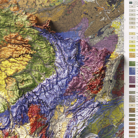 France, Geological map - 1980, 2D printed shaded relief map with 3D effect of a 1980 geological map of France. Shop our beautiful fine art printed maps on supreme Cotton paper. Vintage maps digitally restored and enhanced with a 3D effect. VizCart from Vizart