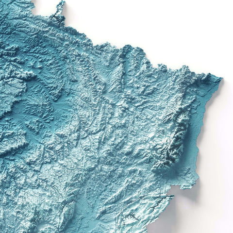 France, Elevation tint - Deep Blue, 2D printed shaded relief map with 3D effect of France with deep blue elevation tint. Shop our beautiful fine art printed maps on supreme Cotton paper. Vintage maps digitally restored and enhanced with a 3D effect. VizCart from Vizart