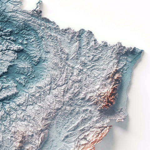 France, Elevation tint - Irid, 2D printed shaded relief map with 3D effect of France with irid elevation tint. Shop our beautiful fine art printed maps on supreme Cotton paper. Vintage maps digitally restored and enhanced with a 3D effect. VizCart from Vizart