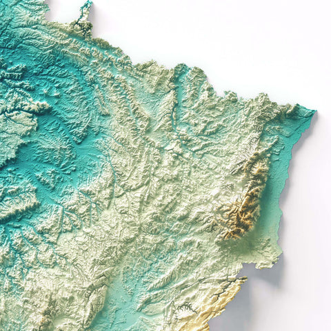 France, Elevation tint - Spectral, 2D printed shaded relief map with 3D effect of France with spectral elevation tint. Shop our beautiful fine art printed maps on supreme Cotton paper. Vintage maps digitally restored and enhanced with a 3D effect. VizCart from Vizart