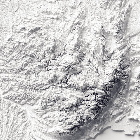 France, Elevation tint - White, 2D printed shaded relief map with 3D effect of France with monochrome white tint. Shop our beautiful fine art printed maps on supreme Cotton paper. Vintage maps digitally restored and enhanced with a 3D effect. VizCart from Vizart