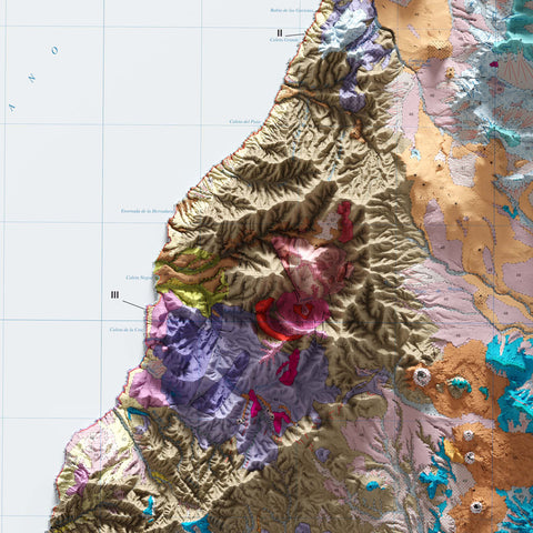 Fuerteventura (Spain), Geological map - 1991, 2D printed shaded relief map with 3D effect of a 1991 geological map of Isla Fuerteventura (Spain). Shop our beautiful fine art printed maps on supreme Cotton paper. Vintage maps digitally restored and enhanced with a 3D effect. VizCart from Vizart