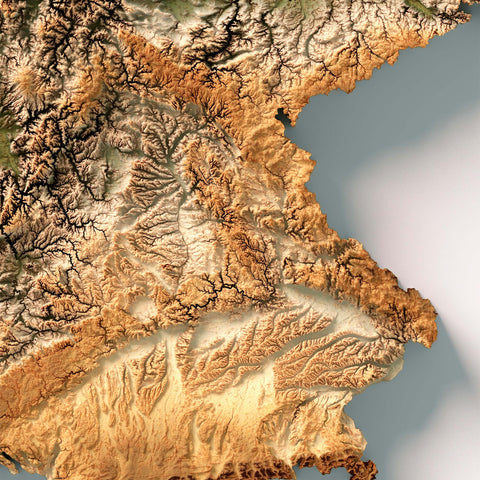 Germany, Elevation tint - Geo, 2D printed shaded relief map with 3D effect of Germany with geo elevation tint. Shop our beautiful fine art printed maps on supreme Cotton paper. Vintage maps digitally restored and enhanced with a 3D effect. VizCart from Vizart