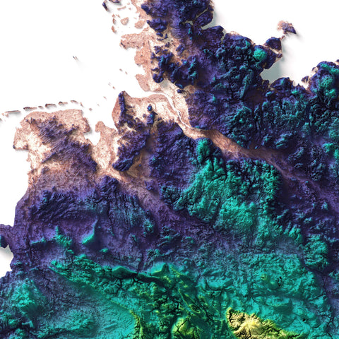 Germany, Elevation tint - Viridis, 2D printed shaded relief map with 3D effect of Germany with viridis elevation tint. Shop our beautiful fine art printed maps on supreme Cotton paper. Vintage maps digitally restored and enhanced with a 3D effect. VizCart from Vizart