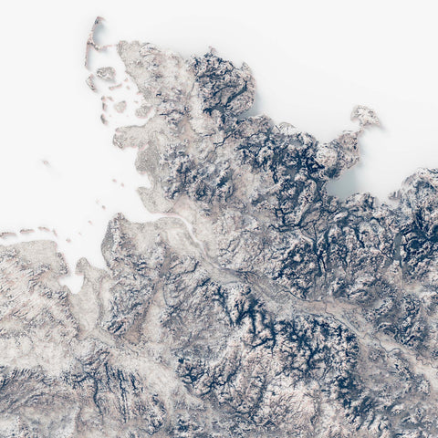Germany, Elevation tint - White, 2D printed shaded relief map with 3D effect of Germany with monochrome white elevation tint. Shop our beautiful fine art printed maps on supreme Cotton paper. Vintage maps digitally restored and enhanced with a 3D effect. VizCart from Vizart