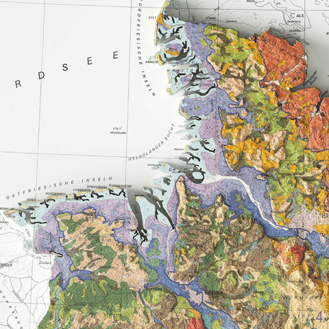 Germany, Soil map - 1995, 2D printed shaded relief map with 3D effect of a 1995 soil map of Germany. Shop our beautiful fine art printed maps on supreme Cotton paper. Vintage maps digitally restored and enhanced with a 3D effect. VizCart from Vizart