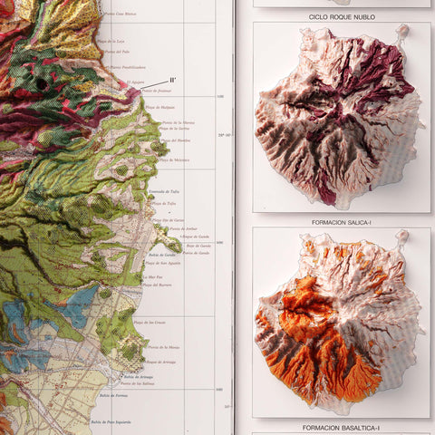 Gran Canaria (Spain), Geological map - 1990, 2D printed shaded relief map with 3D effect of a 1944 topographic map of Gran Canaria (Spain). Shop our beautiful fine art printed maps on supreme Cotton paper. Vintage maps digitally restored and enhanced with a 3D effect. VizCart from Vizart