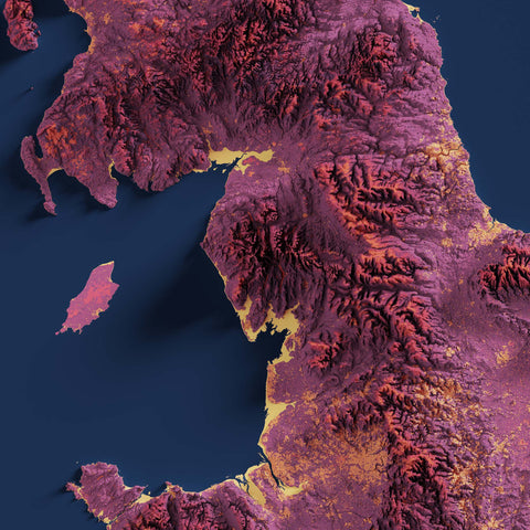 Great Britain (UK), Elevation tint - Magma, 2D printed shaded relief map with 3D effect of Great Britain with magma hypsometric tint. Shop our beautiful fine art printed maps on supreme Cotton paper. Vintage maps digitally restored and enhanced with a 3D effect. VizCart from Vizart