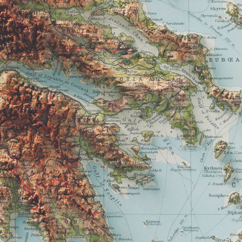 Greece, Topographic map - 1922, 2D printed shaded relief map with 3D effect of a 1922 topographic map of Greece. Shop our beautiful fine art printed maps on supreme Cotton paper. Vintage maps digitally restored and enhanced with a 3D effect. VizCart from Vizart