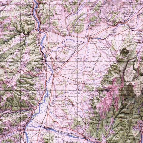 Grenoble (France), Topographic map - 1943, 2D printed shaded relief map with 3D effect of a 1943 topographic map of Grenoble (France). Shop our beautiful fine art printed maps on supreme Cotton paper. Vintage maps digitally restored and enhanced with a 3D effect. VizCart from Vizart