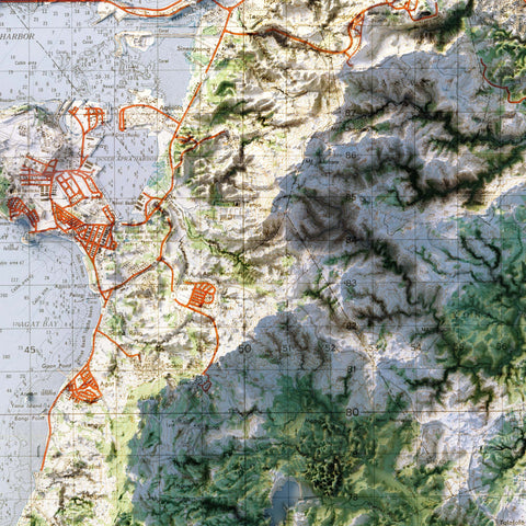 Guam (Mariana Islands, USA), Topographic map - 1965, 2D printed shaded relief map with 3D effect of a 1965 topographic map of Guam (Mariana Islands, USA). Shop our beautiful fine art printed maps on supreme Cotton paper. Vintage maps digitally restored and enhanced with a 3D effect. VizCart from Vizart