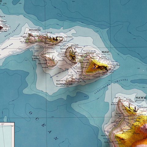 Hawaii (USA), Topographic map - 1974, 2D printed shaded relief map with 3D effect of a 1974 topographic map of Hawaii (USA). Shop our beautiful fine art printed maps on supreme Cotton paper. Vintage maps digitally restored and enhanced with a 3D effect. VizCart from Vizart
