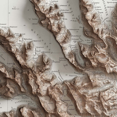 Hekkingen (Norway), Topographic map - 1930, 2D printed shaded relief map with 3D effect of a 1930 topographic map of Hekkingen (Norway). Shop our beautiful fine art printed maps on supreme Cotton paper. Vintage maps digitally restored and enhanced with a 3D effect. VizCart from Vizart