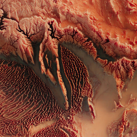 Hoggar (Algeria), Elevation tint - Red, 2D printed shaded relief map with 3D effect of Hoggar mountains (Algeria) with red hypsometric tint. Shop our beautiful fine art printed maps on supreme Cotton paper. Vintage maps digitally restored and enhanced with a 3D effect. VizCart from Vizart