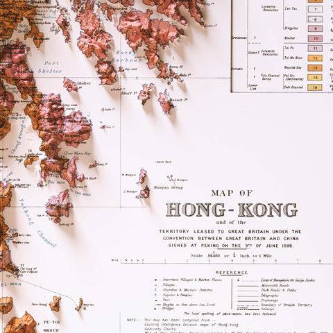 Hong Kong, Geological map - 1936, 2D printed shaded relief map with 3D effect of a 1936 geological map of Hong Kong. Shop our beautiful fine art printed maps on supreme Cotton paper. Vintage maps digitally restored and enhanced with a 3D effect. VizCart from Vizart