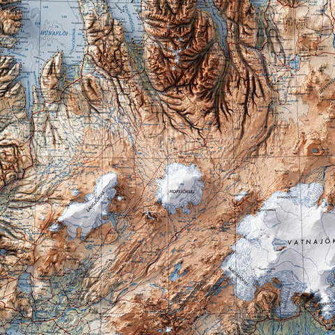 Iceland 1952 topographic restored antique shaded relief map print on fine art paper close-up