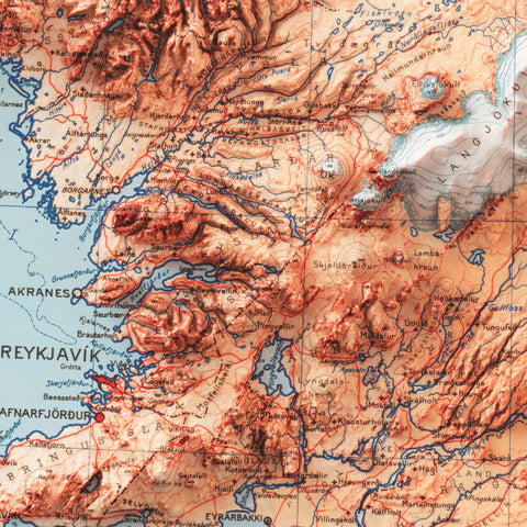 Iceland, Topographic map - 1963, 2D printed shaded relief map with 3D effect of a 1963 topographic map of Iceland. Shop our beautiful fine art printed maps on supreme Cotton paper. Vintage maps digitally restored and enhanced with a 3D effect. VizCart from Vizart