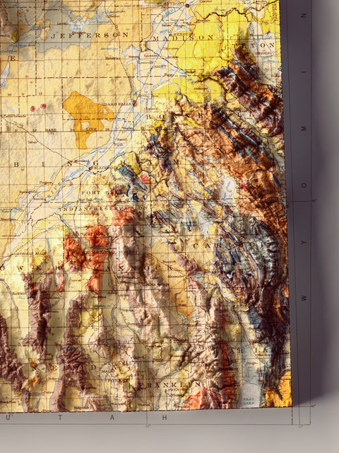 Idaho (USA), Geological map - 1947, 2D printed shaded relief map with 3D effect of a 1947 geological map of Idaho (USA). Shop our beautiful fine art printed maps on supreme Cotton paper. Vintage maps digitally restored and enhanced with a 3D effect., VizCart from Vizart