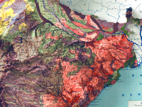 India, Soil map - 1985, 2D printed shaded relief map with 3D effect of a 1985 soil map of India. Shop our beautiful fine art printed maps on supreme Cotton paper. Vintage maps digitally restored and enhanced with a 3D effect. VizCart from Vizart