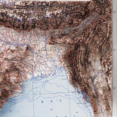 India, Topographic map - 1973, 2D printed shaded relief map with 3D effect of a 1973 topographic map of India. Shop our beautiful fine art printed maps on supreme Cotton paper. Vintage maps digitally restored and enhanced with a 3D effect. VizCart from Vizart
