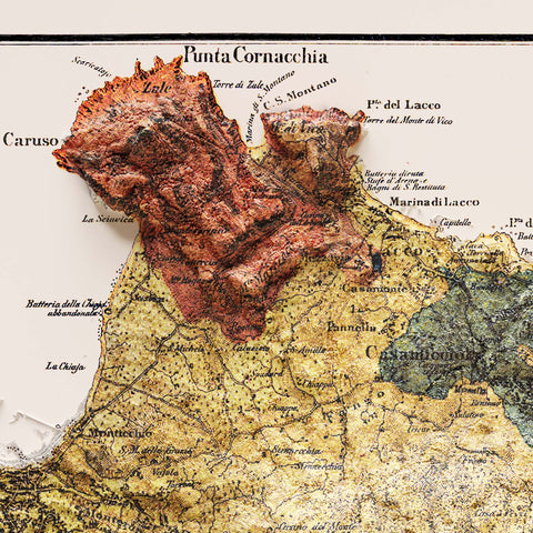 Ischia (Italy), Geological map - 1873, 2D printed shaded relief map with 3D effect of a 1873 geological map of Ischia (Italy). Shop our beautiful fine art printed maps on supreme Cotton paper. Vintage maps digitally restored and enhanced with a 3D effect. VizCart from Vizart
