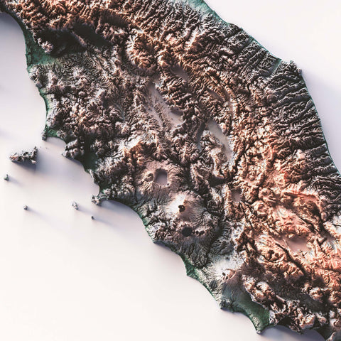 Italy, Elevation tint - Irid, 2D printed shaded relief map with 3D effect of Italy with irid hypsometric tint. Shop our beautiful fine art printed maps on supreme Cotton paper. Vintage maps digitally restored and enhanced with a 3D effect. VizCart from Vizart