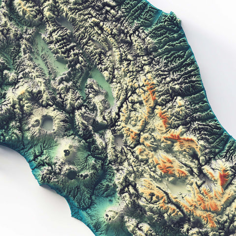 Italy, Elevation tint - Spectral, 2D printed shaded relief map with 3D effect of Italy with spectral hypsometric tint. Shop our beautiful fine art printed maps on supreme Cotton paper. Vintage maps digitally restored and enhanced with a 3D effect. VizCart from Vizart