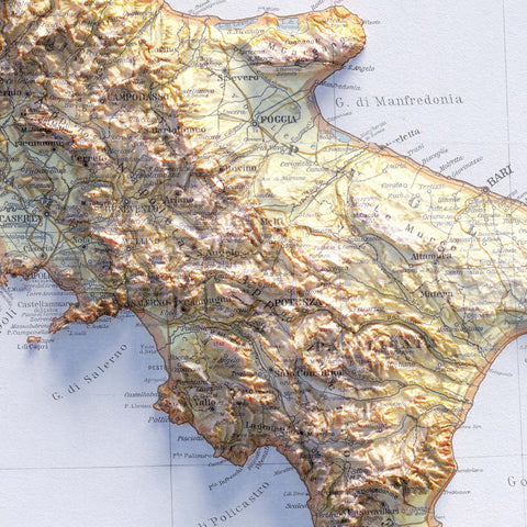 Italy, Topographic map - 1922, 2D printed shaded relief map with 3D effect of a 1922 topographic map of Italy. Shop our beautiful fine art printed maps on supreme Cotton paper. Vintage maps digitally restored and enhanced with a 3D effect. VizCart from Vizart