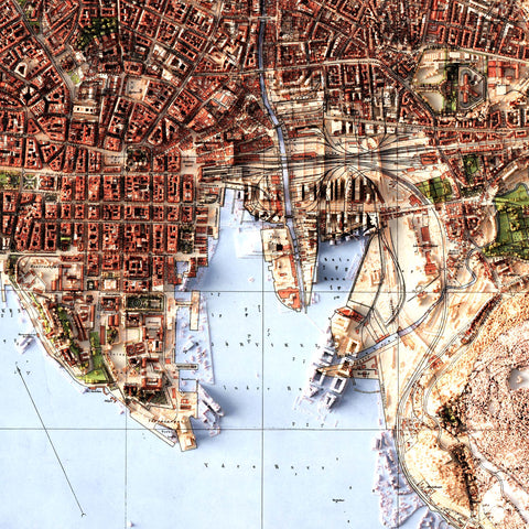 Kristiania (Norway), City map - 1901, 2D printed shaded relief map with 3D effect of a 1901 city map of Kristiania (Oslo, Norway). Shop our beautiful fine art printed maps on supreme Cotton paper. Vintage maps digitally restored and enhanced with a 3D effect. VizCart from Vizart