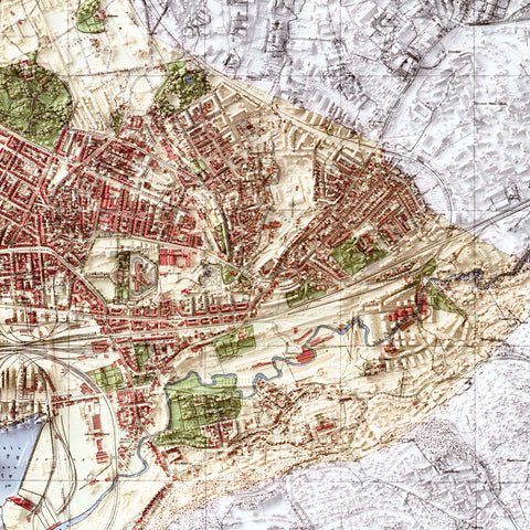 Kristiania (Norway) 1901 city restored antique shaded relief map print on fine art paper close-up