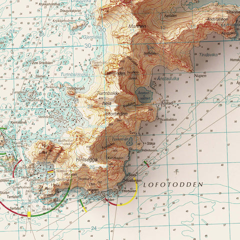 Lofotodden (Lofoten Islands, Norway), Topographic map - 2009, 2D printed shaded relief map with 3D effect of a 1952 topographic map of Flakstad (Lofoten Islands, Norway). Shop our beautiful fine art printed maps on supreme Cotton paper. Vintage maps digitally restored and enhanced with a 3D effect. VizCart from Vizart