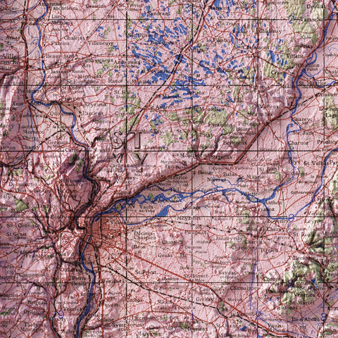 Lyon (France) 1943 topographic restored antique shaded relief map print on fine art paper close-up