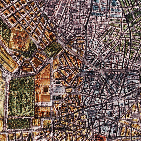 Madrid (Spain), City map - 1940, 2D printed shaded relief map with 3D effect of a 1940 city map of Madrid. Shop our beautiful fine art printed maps on supreme Cotton paper. Vintage maps digitally restored and enhanced with a 3D effect. VizCart from Vizart